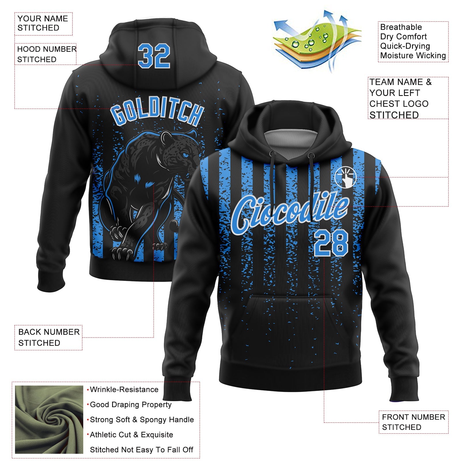 Custom Stitched Black Powder Blue-White 3D Pattern Design Animal Leopard Grunge Art Sports Pullover Sweatshirt Hoodie