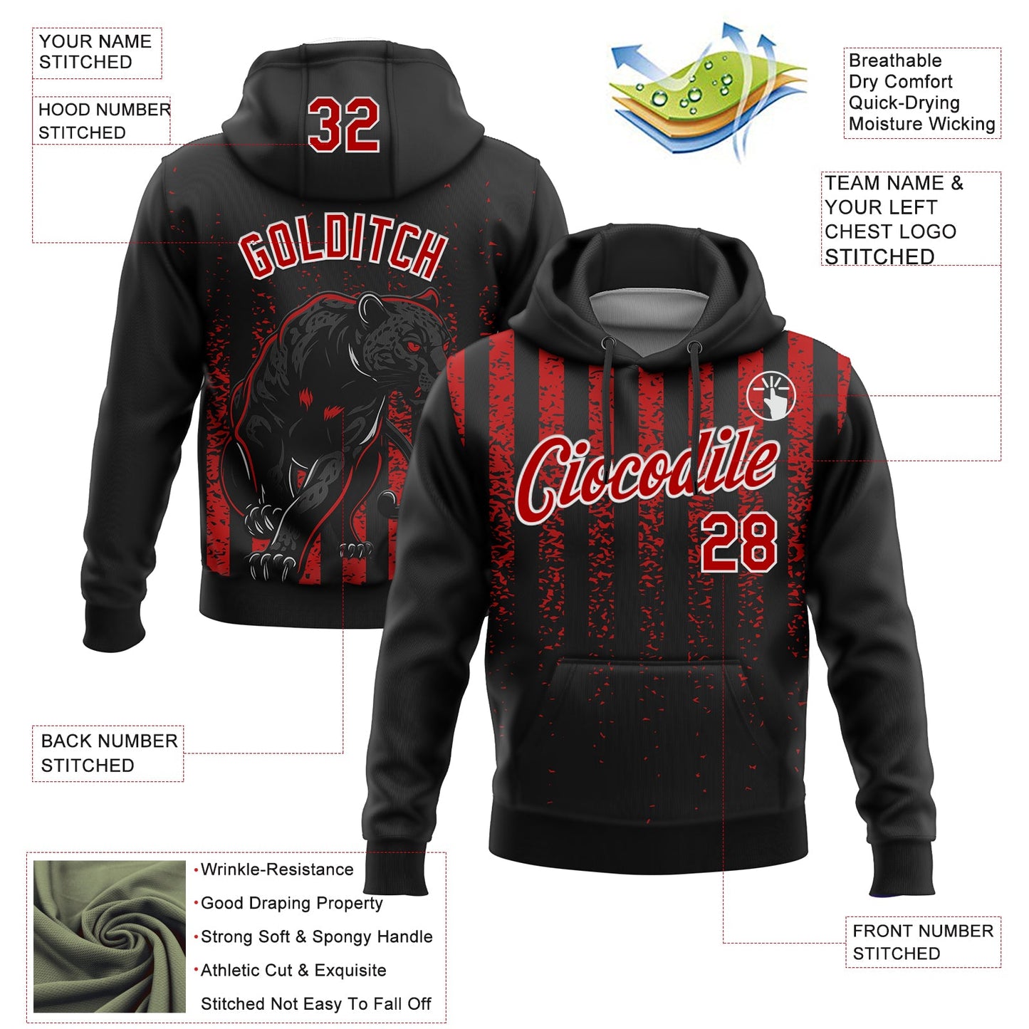 Custom Stitched Black Red-White 3D Pattern Design Animal Leopard Grunge Art Sports Pullover Sweatshirt Hoodie