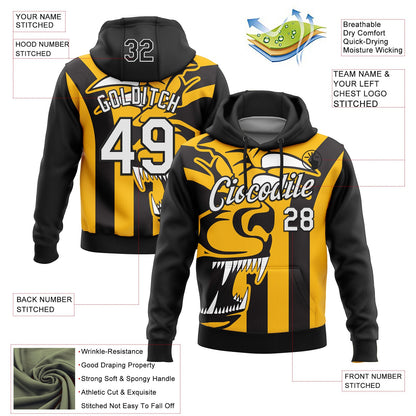 Custom Stitched Black White-Gold 3D Pattern Design Animal Sports Pullover Sweatshirt Hoodie