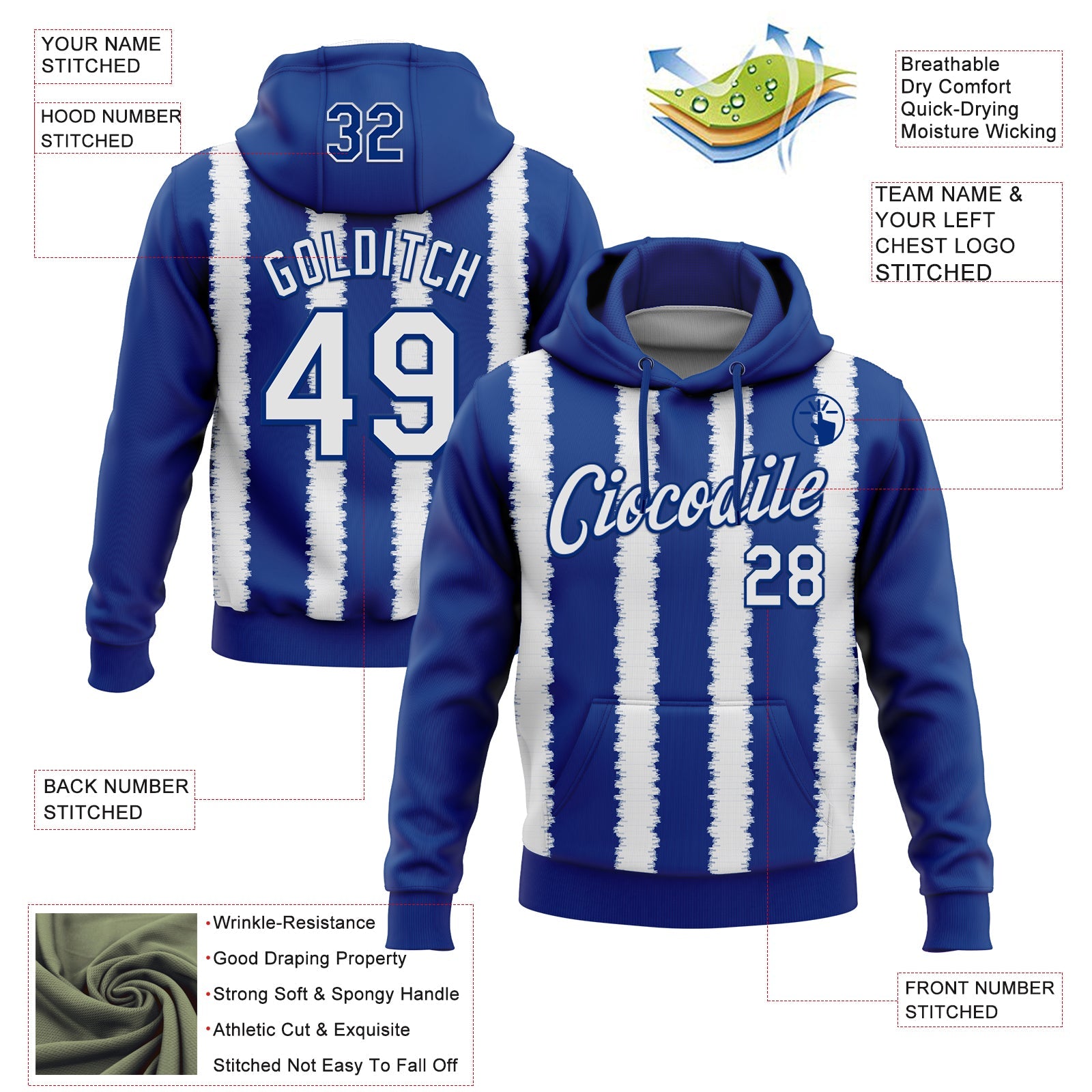 Custom Stitched Royal White 3D Pattern Design Line Sports Pullover Sweatshirt Hoodie