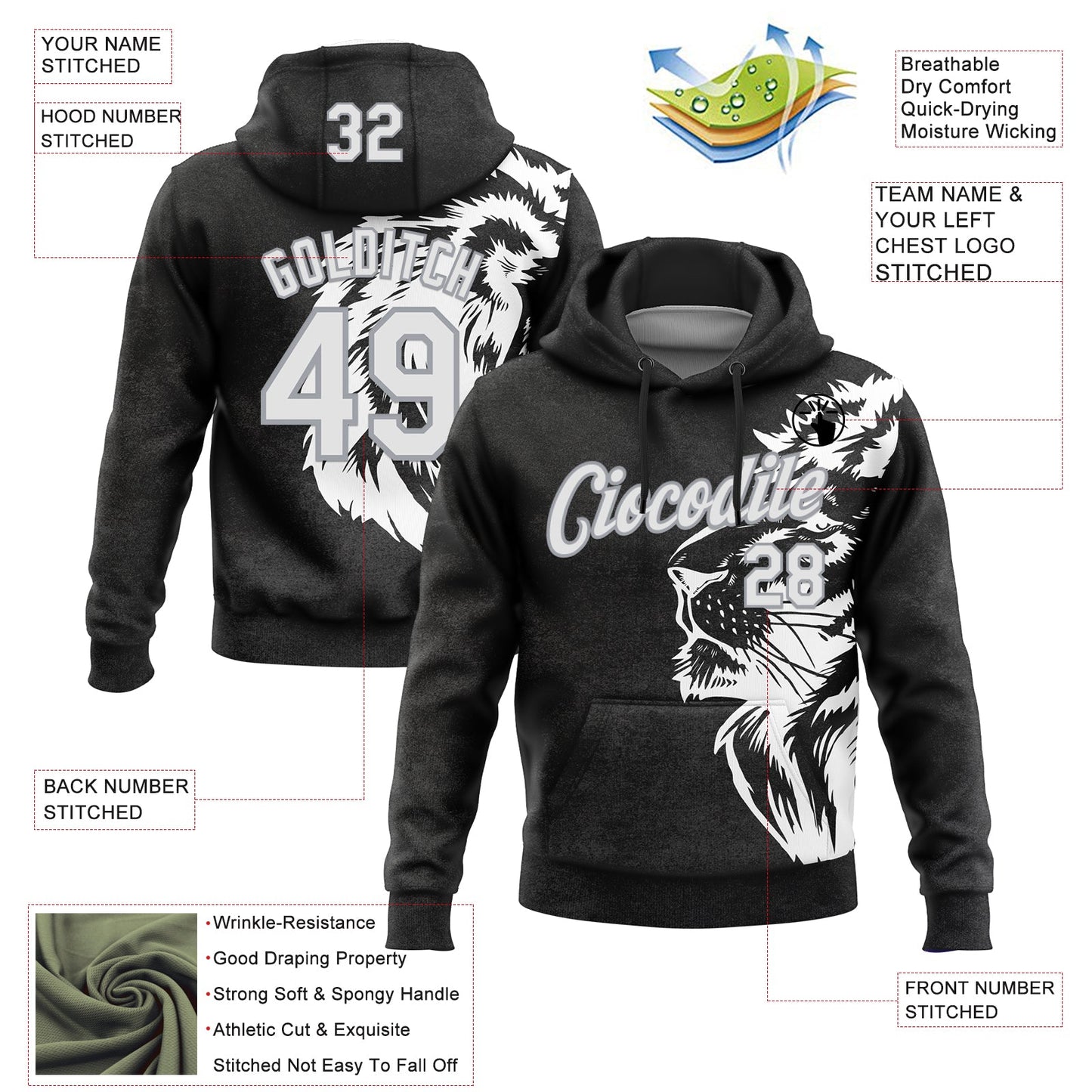 Custom Stitched Black White-Gray 3D Pattern Design Animal Lion Sports Pullover Sweatshirt Hoodie
