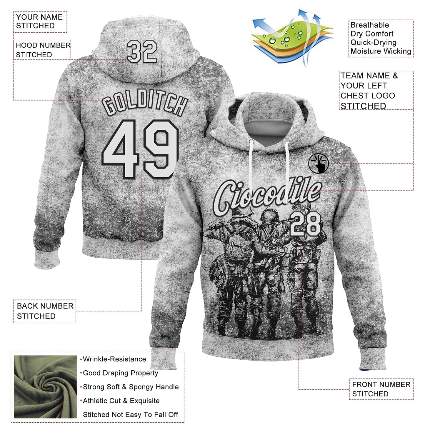 Custom Stitched Gray White-Black 3D Pattern Design Soldier Sports Pullover Sweatshirt Hoodie