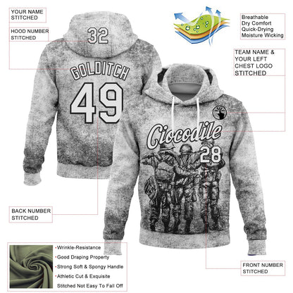 Custom Stitched Gray White-Black 3D Pattern Design Soldier Sports Pullover Sweatshirt Hoodie