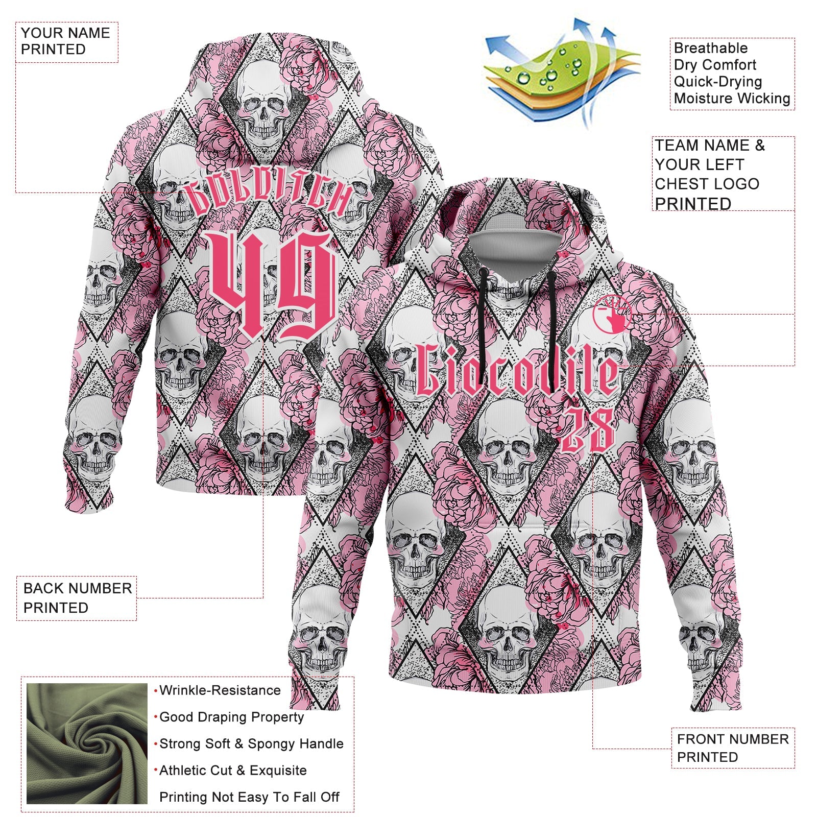 Custom White Neon Pink-Black 3D Skull Roses Gothic Geometric Diamond Grid Sports Pullover Sweatshirt Hoodie