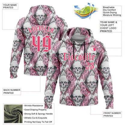 Custom White Neon Pink-Black 3D Skull Roses Gothic Geometric Diamond Grid Sports Pullover Sweatshirt Hoodie