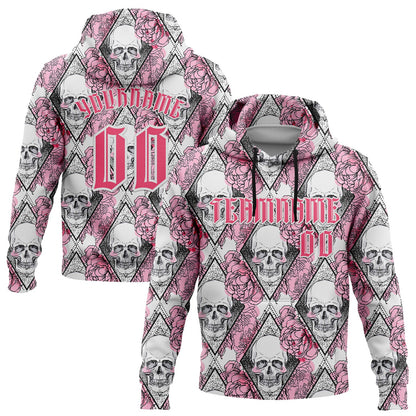 Custom White Neon Pink-Black 3D Skull Roses Gothic Geometric Diamond Grid Sports Pullover Sweatshirt Hoodie