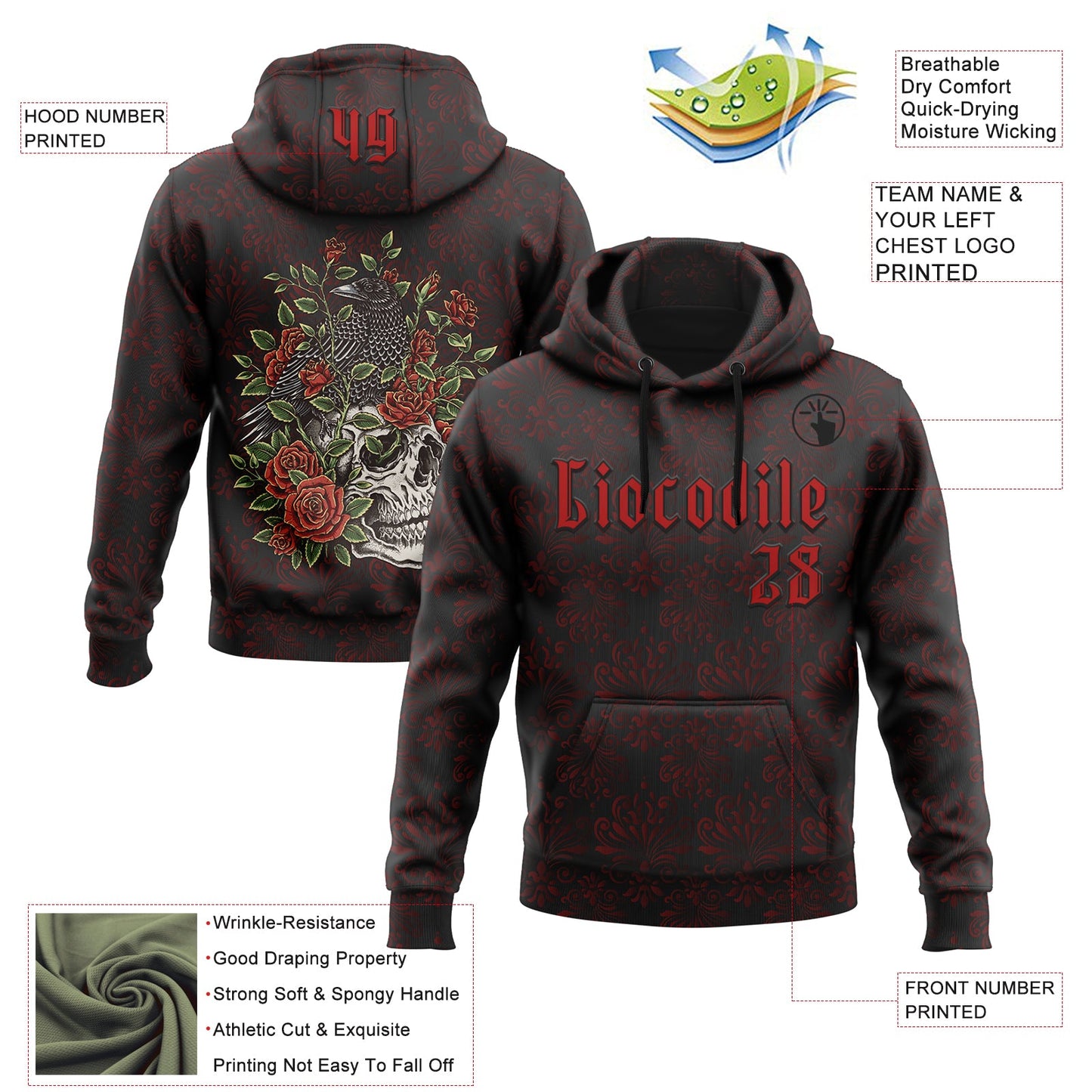 Custom Black Red 3D Skull Roses Gothic Royalty Crow Floral Sports Pullover Sweatshirt Hoodie