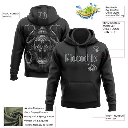 Custom Black Gray 3D Skull Gothic Horned Emperor Sports Pullover Sweatshirt Hoodie