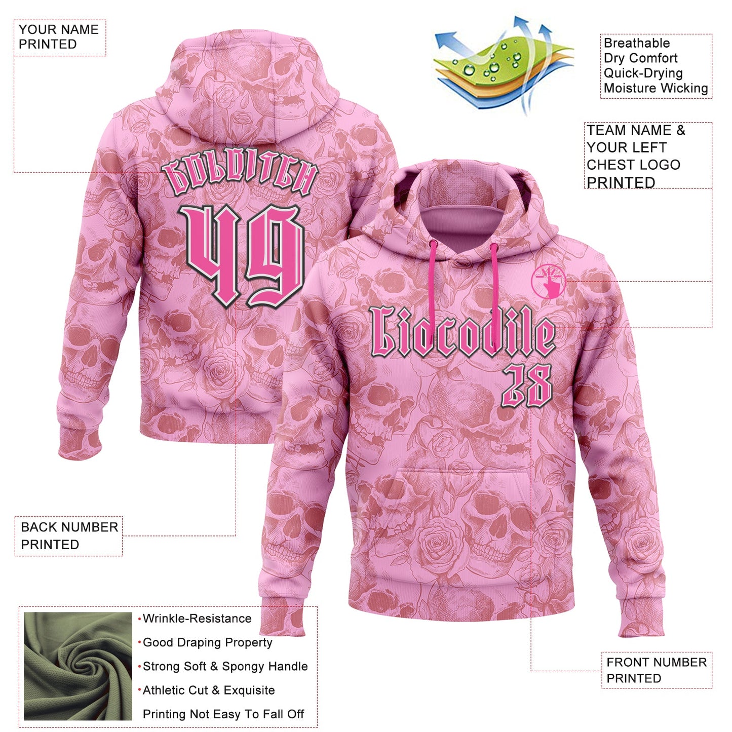 Custom Pink White-Black 3D Skull Roses Gothic Vintage Sports Pullover Sweatshirt Hoodie