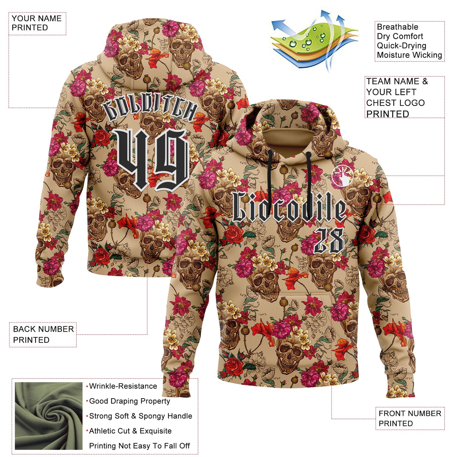 Custom Brown Black-White 3D Skull Roses Gothic Floral Vintage Sports Pullover Sweatshirt Hoodie