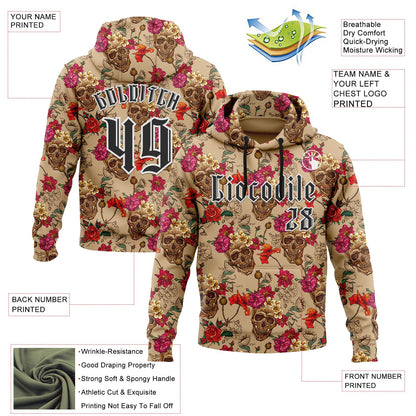 Custom Brown Black-White 3D Skull Roses Gothic Floral Vintage Sports Pullover Sweatshirt Hoodie