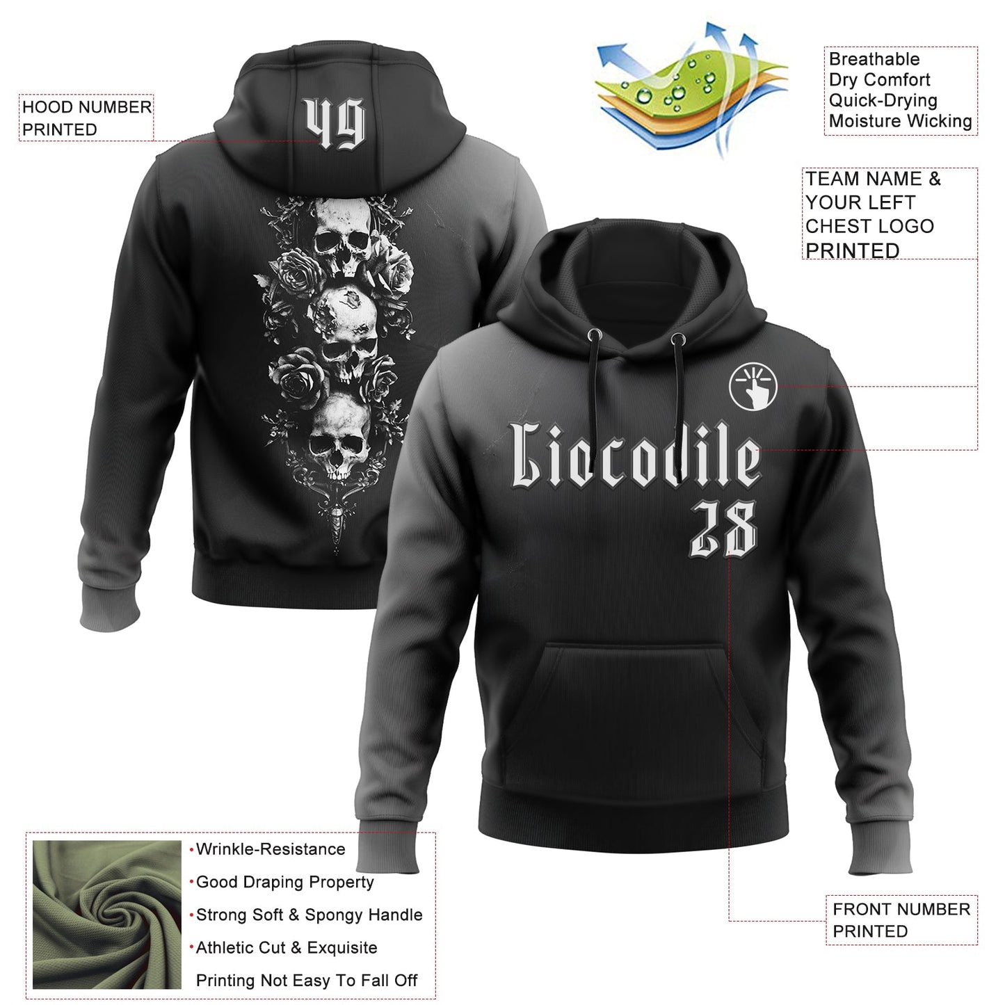 Custom Black White 3D Skull Roses Gothic Vintage Sports Pullover Sweatshirt Hoodie
