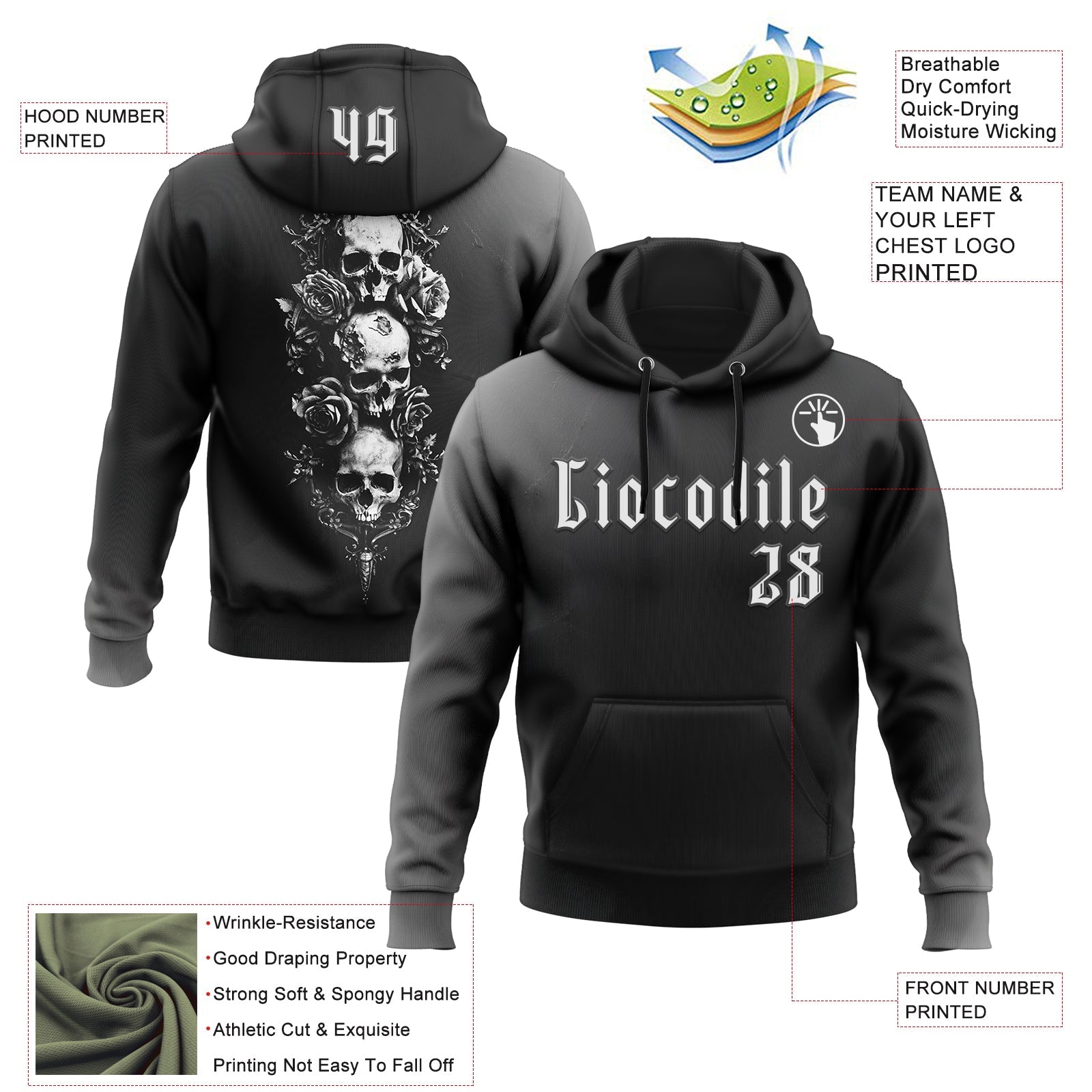 Custom Black White 3D Skull Roses Gothic Vintage Sports Pullover Sweatshirt Hoodie