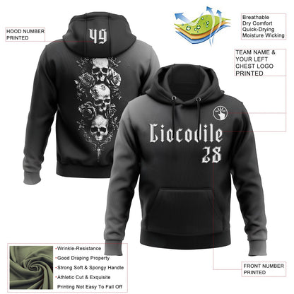 Custom Black White 3D Skull Roses Gothic Vintage Sports Pullover Sweatshirt Hoodie