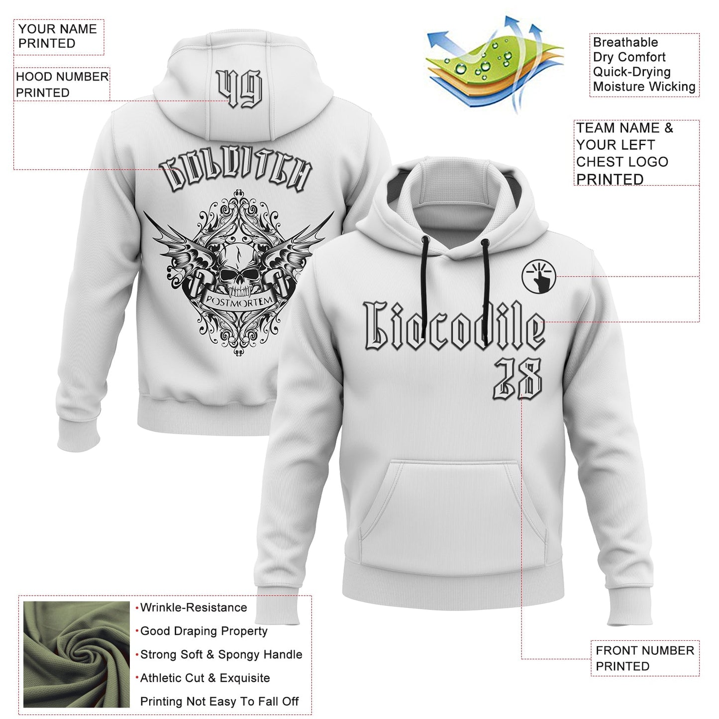 Custom White Black 3D Skull Gothic Postmortem Vintage Sports Pullover Sweatshirt Hoodie
