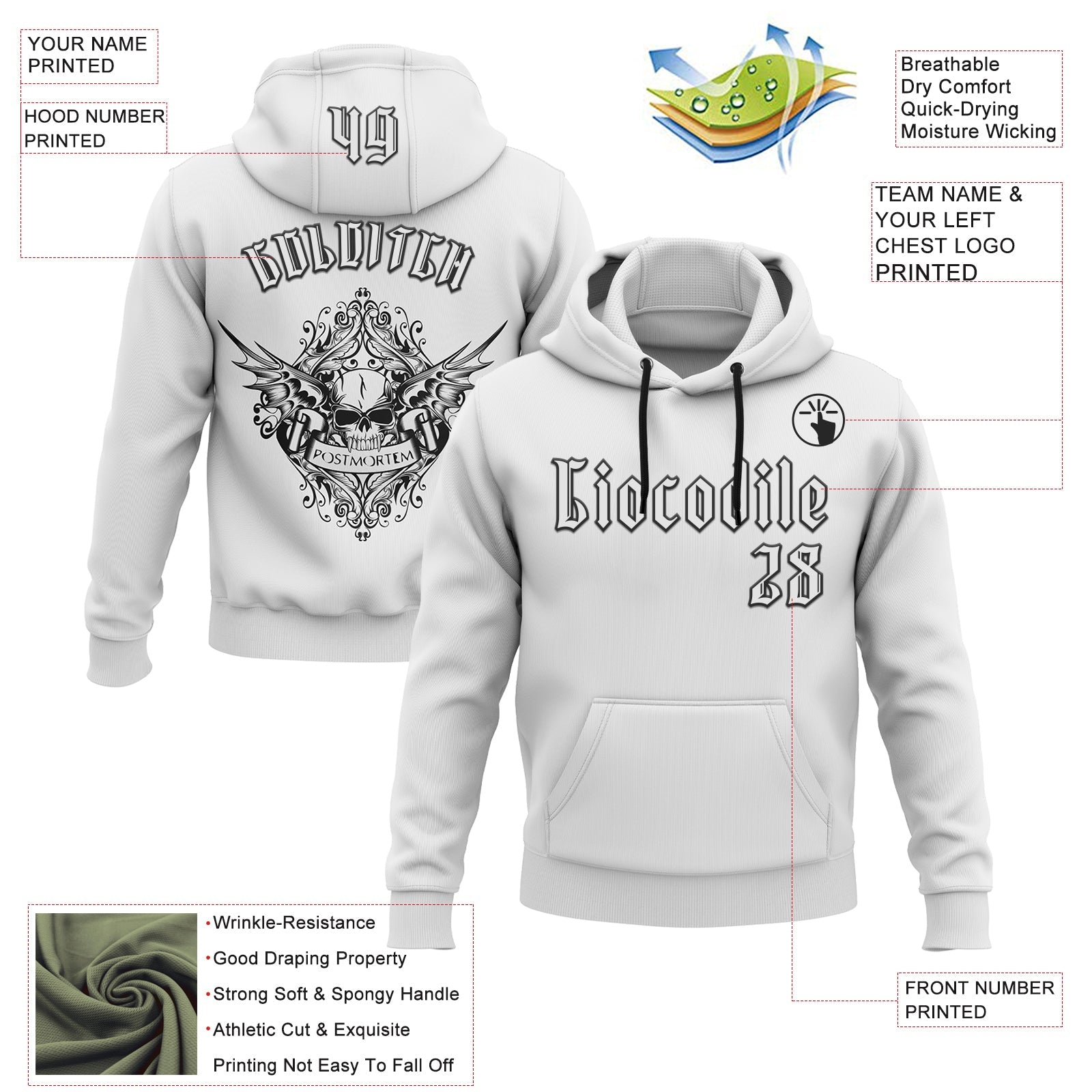 Custom White Black 3D Skull Gothic Postmortem Vintage Sports Pullover Sweatshirt Hoodie