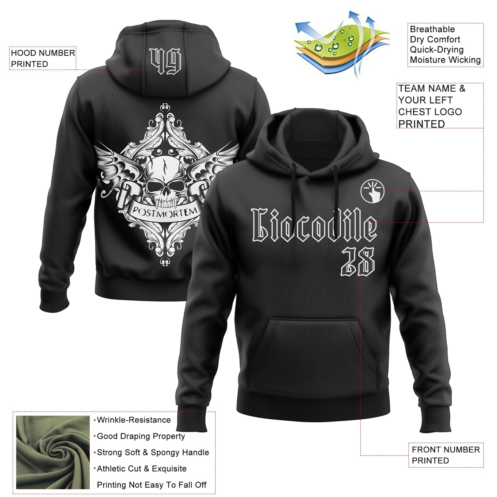 Custom Black White 3D Skull Gothic Postmortem Vintage Sports Pullover Sweatshirt Hoodie