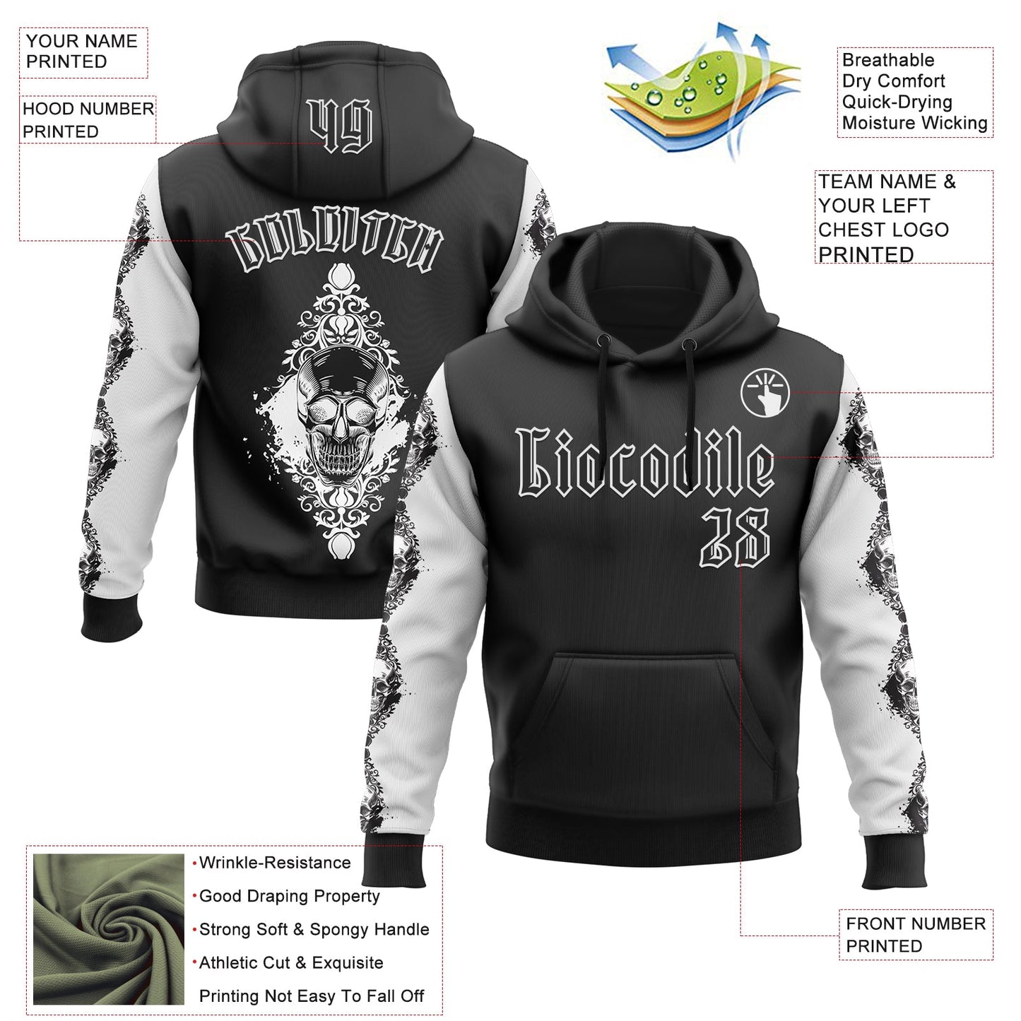 Custom Black White 3D Skull Gothic Floral Pattern Diamond Grid Sports Pullover Sweatshirt Hoodie