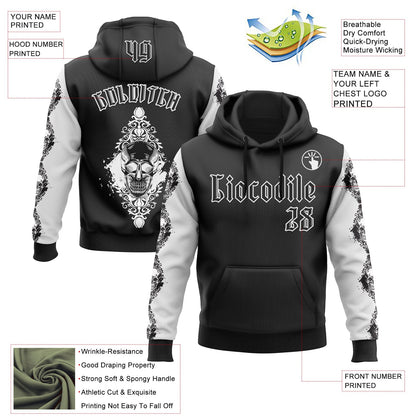 Custom Black White 3D Skull Gothic Floral Pattern Diamond Grid Sports Pullover Sweatshirt Hoodie