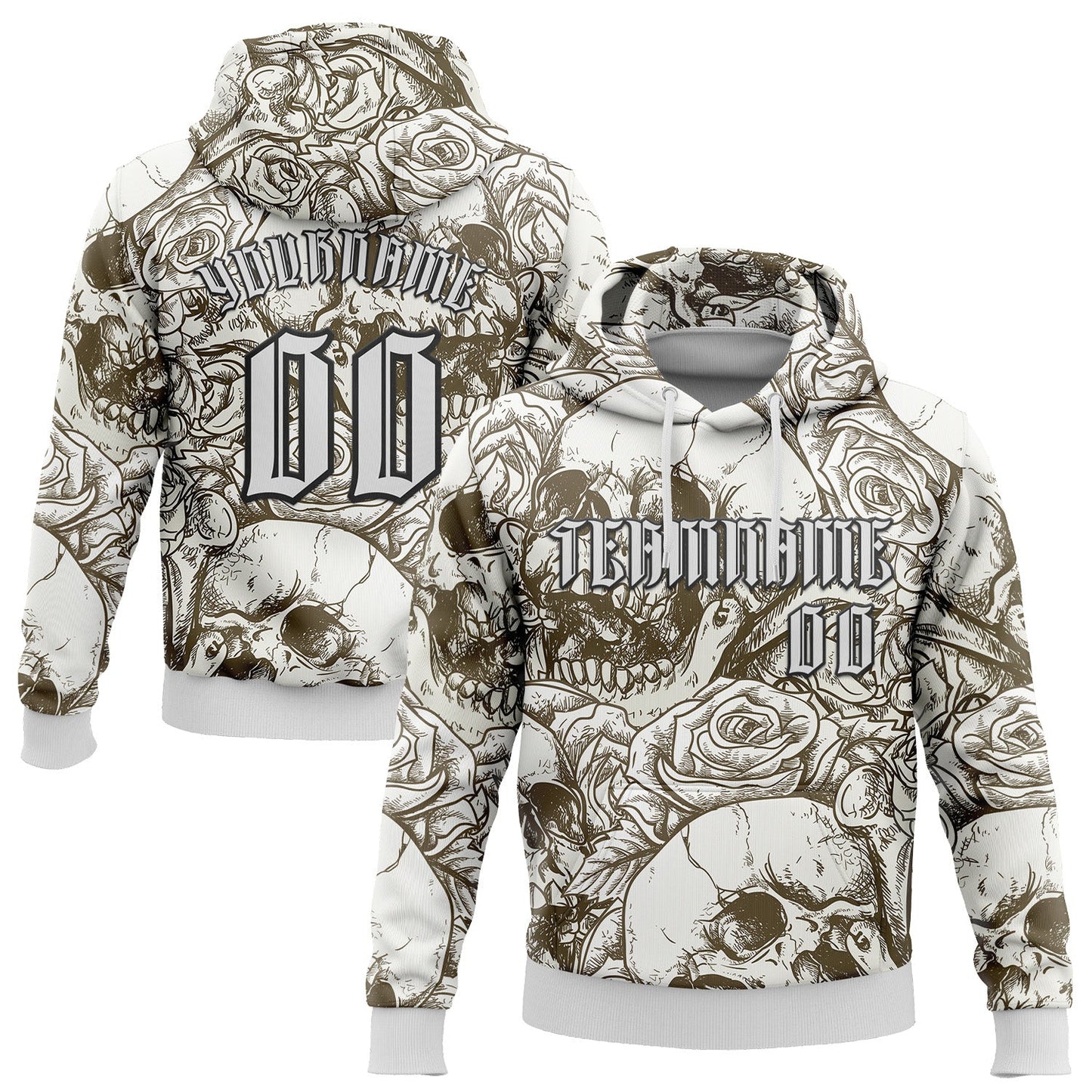 Custom White Black 3D Skull Roses Gothic Vintage Grunge Art Sports Pullover Sweatshirt Hoodie