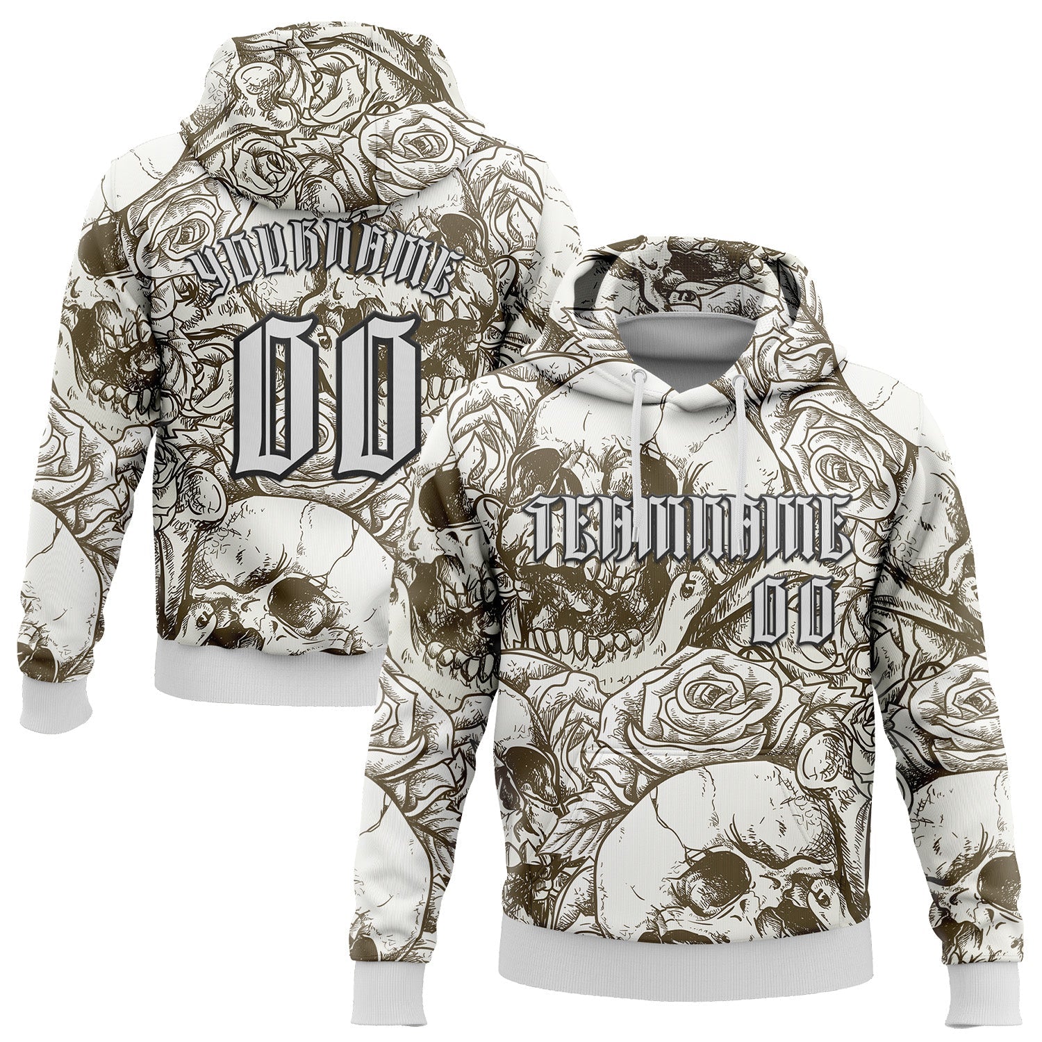 Custom White Black 3D Skull Roses Gothic Vintage Grunge Art Sports Pullover Sweatshirt Hoodie