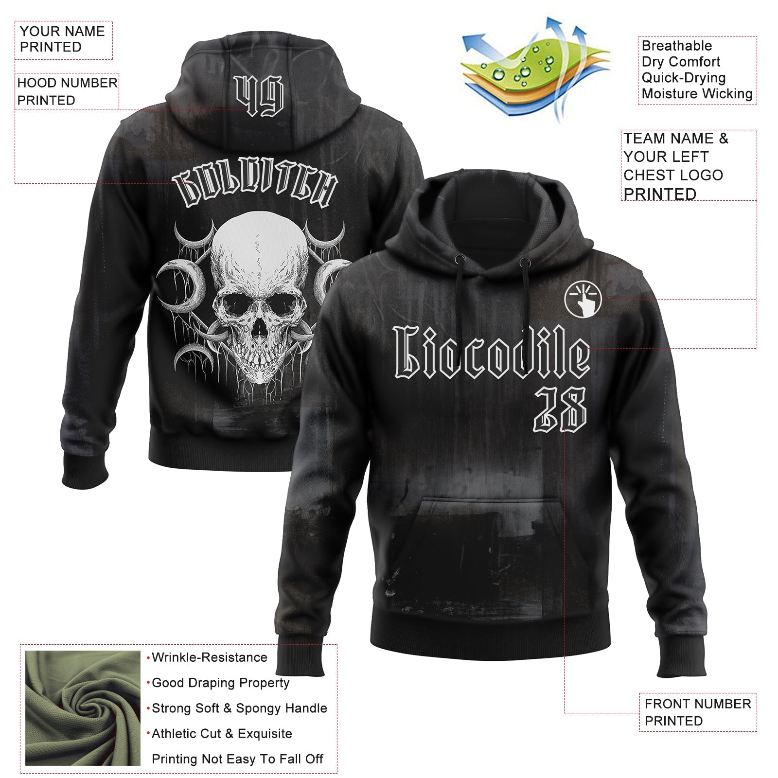 Custom Black White 3D Skull Gothic Vintage Grunge Art Sports Pullover Sweatshirt Hoodie