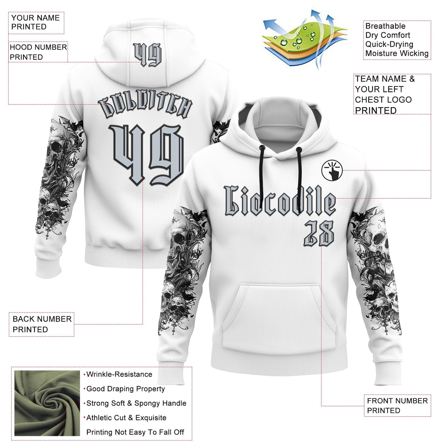 Custom White Silver-Black 3D Skull Gothic Floral Sports Pullover Sweatshirt Hoodie