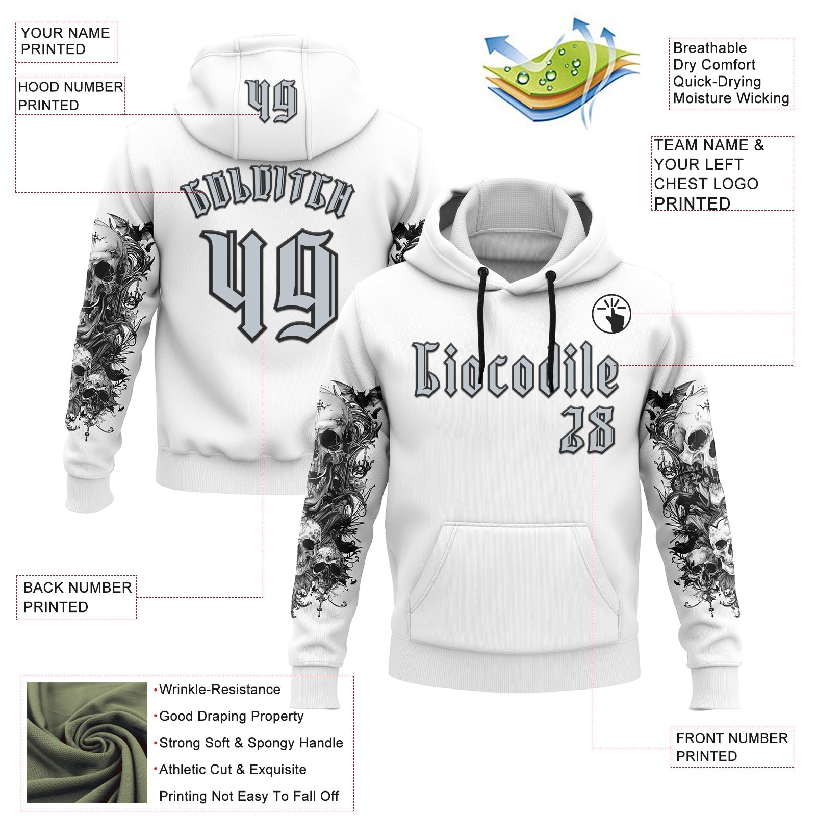 Custom White Silver-Black 3D Skull Gothic Floral Sports Pullover Sweatshirt Hoodie