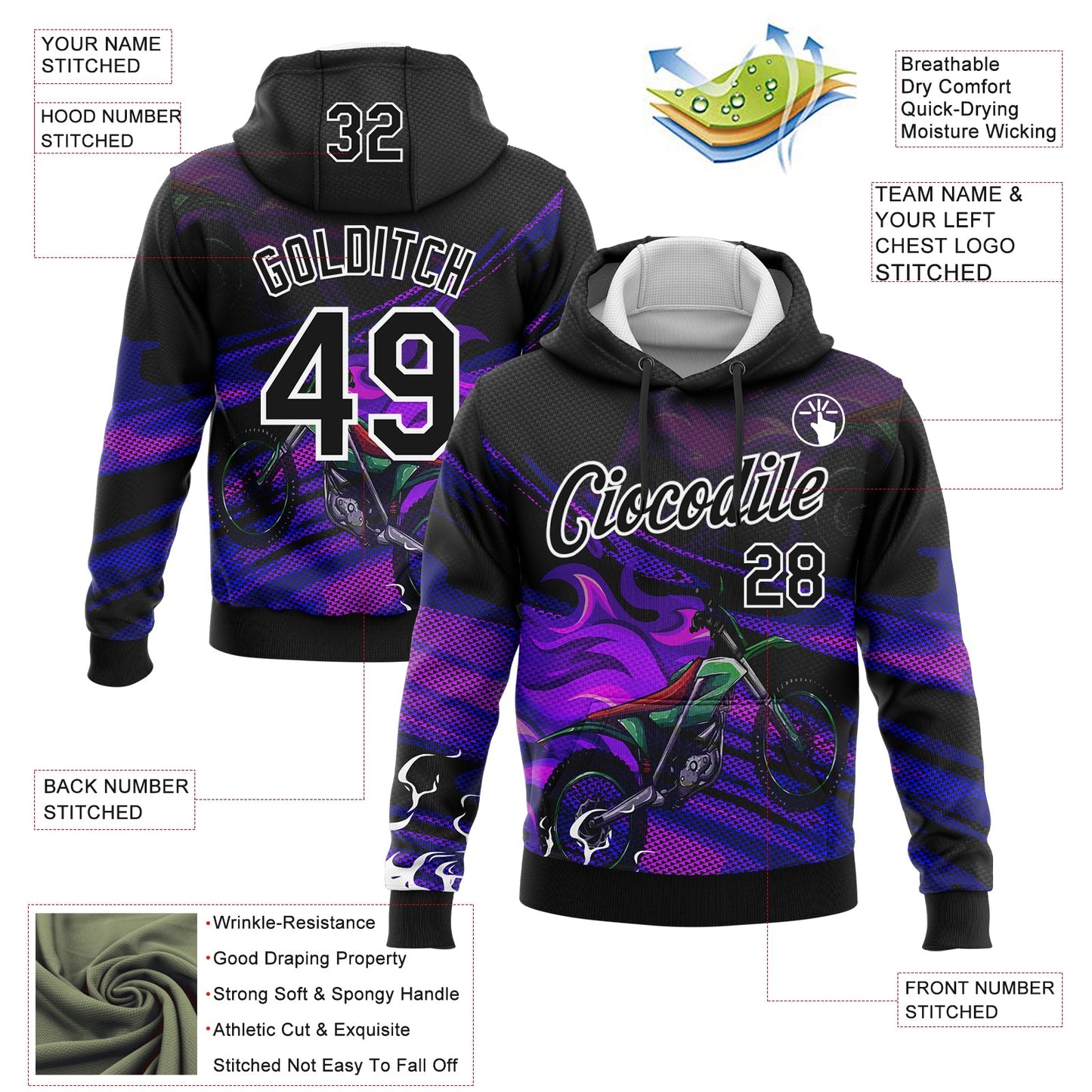 Custom Stitched Black White 3D Pattern Design Flame Motorcycle Motocross Racing Sports Pullover Sweatshirt Hoodie
