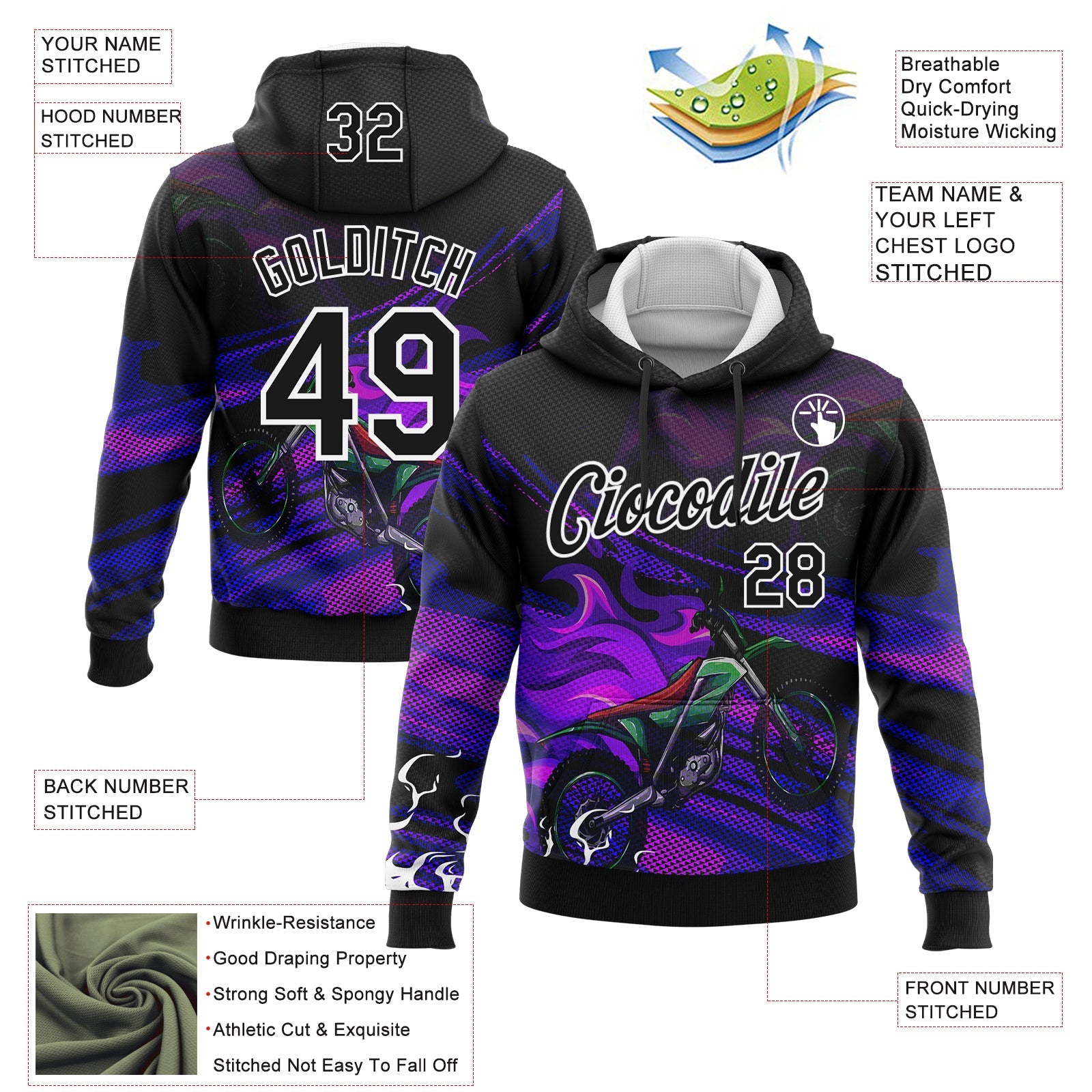 Custom Stitched Black White 3D Pattern Design Flame Motorcycle Motocross Racing Sports Pullover Sweatshirt Hoodie