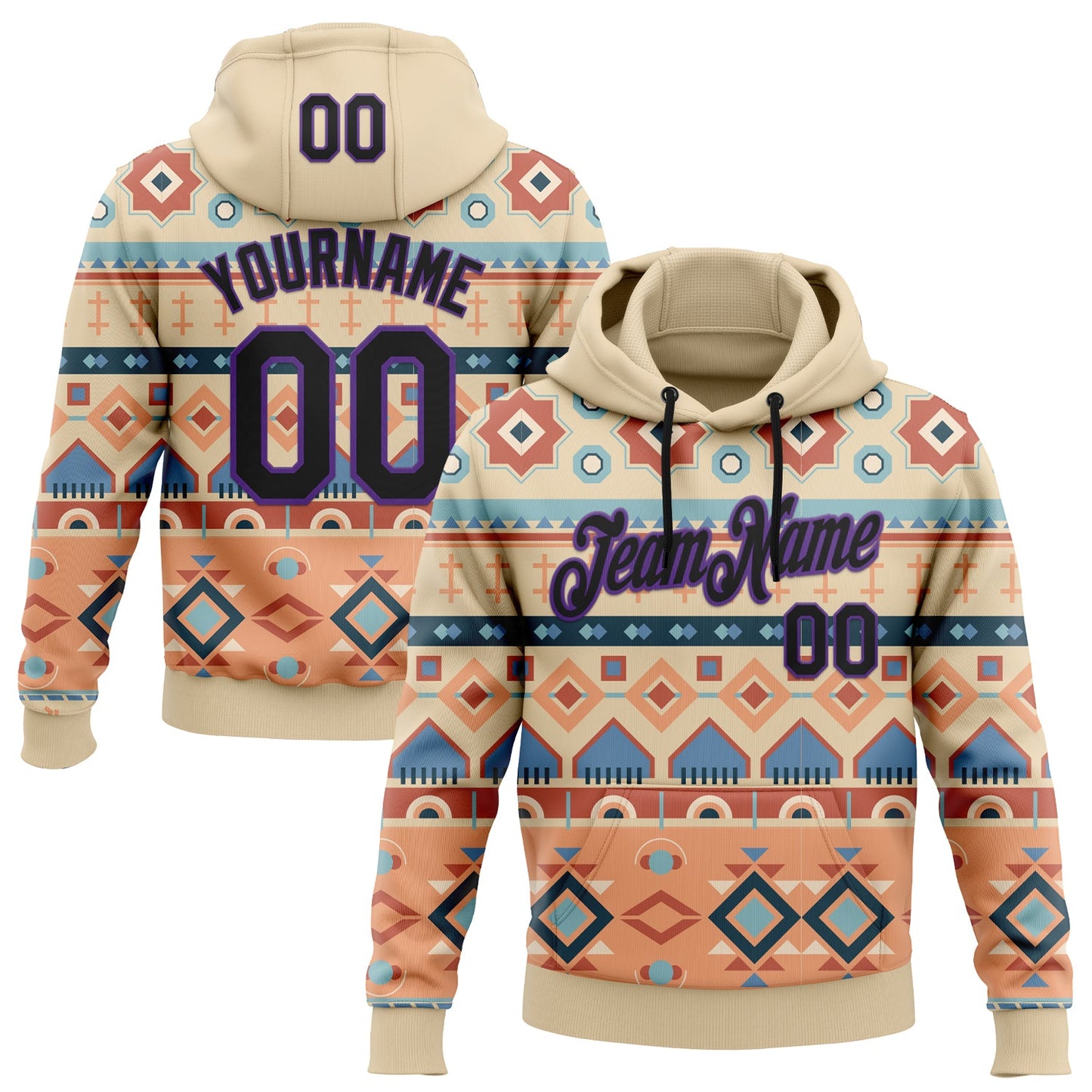 Custom Stitched City Cream Black-Purple 3D Pattern Design Tribal Ethnic Native American Sports Pullover Sweatshirt Hoodie