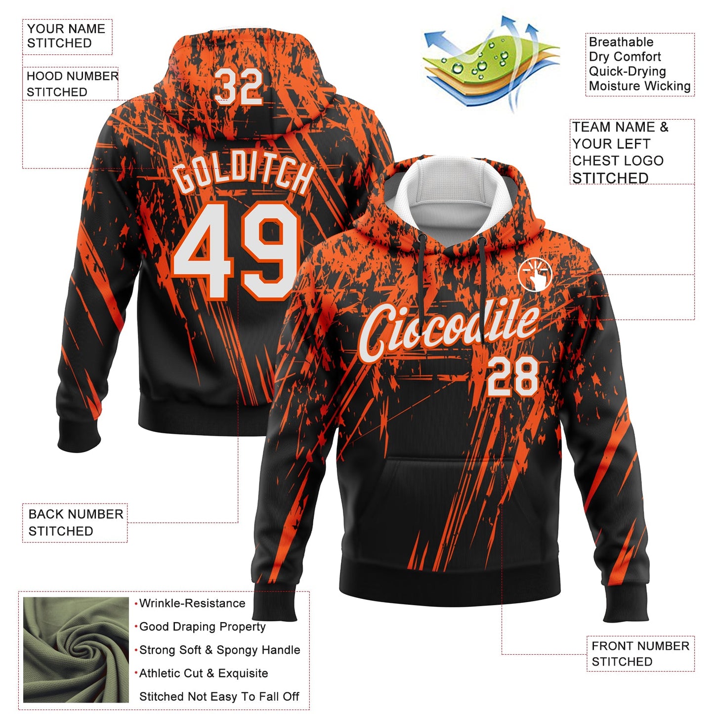 Custom Stitched Black White-Orange 3D Pattern Design Splash Grunge Art Sports Pullover Sweatshirt Hoodie