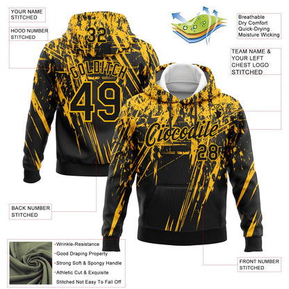 Custom Stitched Black Gold 3D Pattern Design Splash Grunge Art Sports Pullover Sweatshirt Hoodie