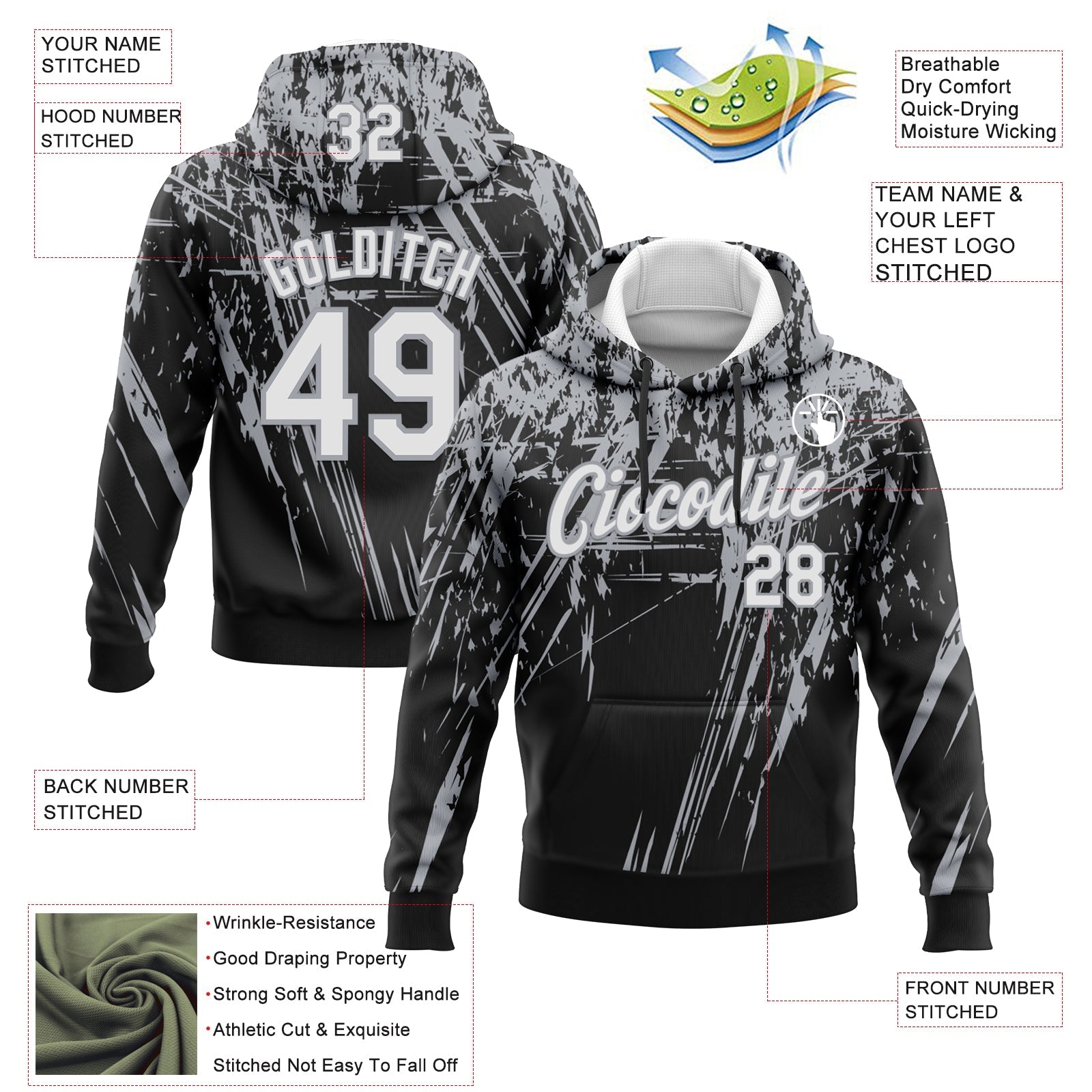 Custom Stitched Black White-Gray 3D Pattern Design Splash Grunge Art Sports Pullover Sweatshirt Hoodie