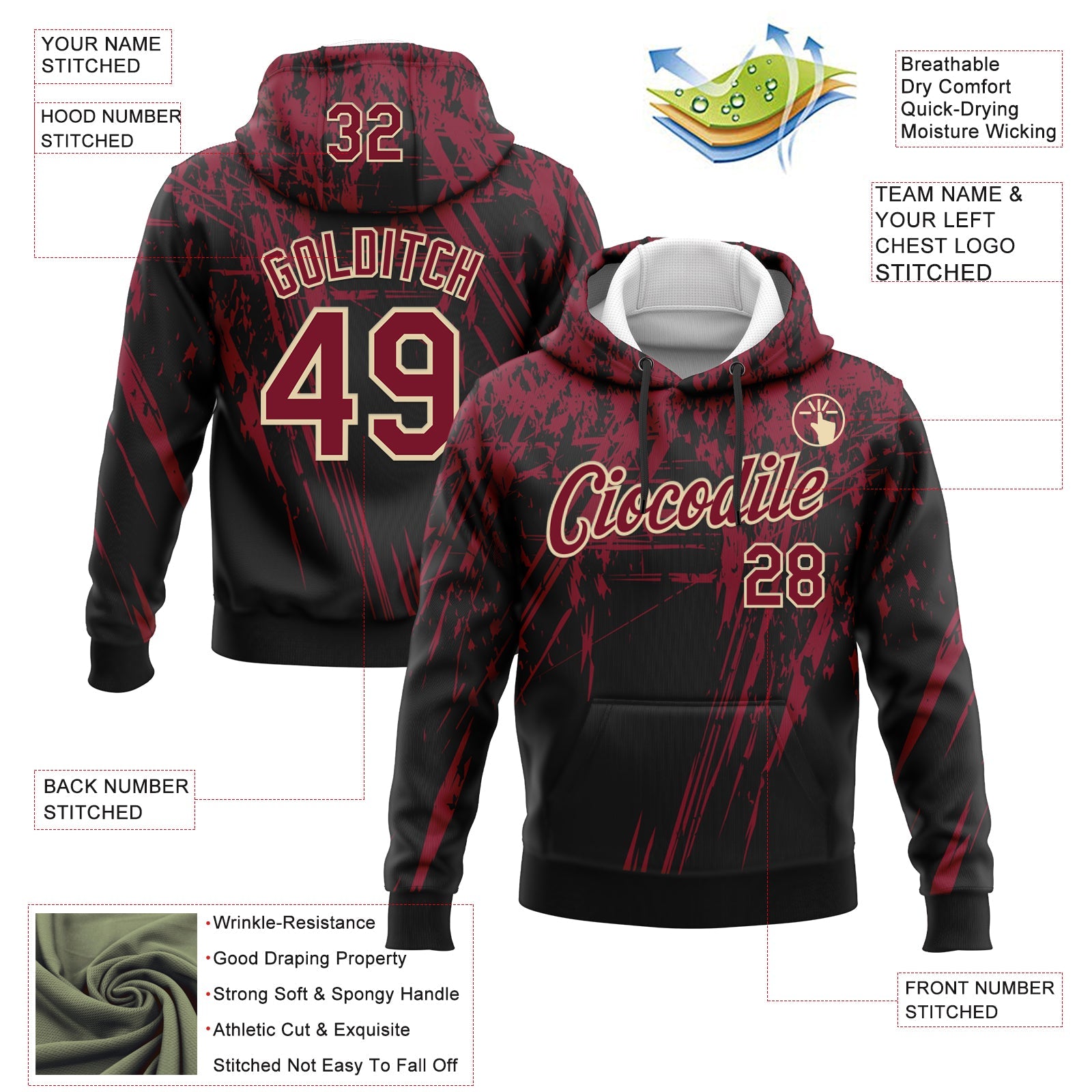 Custom Stitched Black Crimson-Cream 3D Pattern Design Splash Grunge Art Sports Pullover Sweatshirt Hoodie