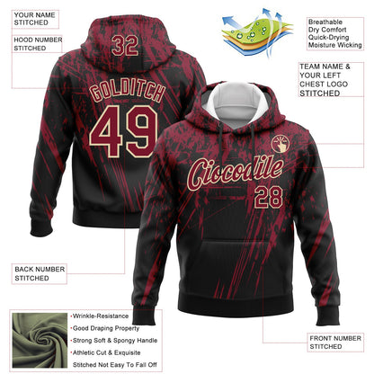 Custom Stitched Black Crimson-Cream 3D Pattern Design Splash Grunge Art Sports Pullover Sweatshirt Hoodie