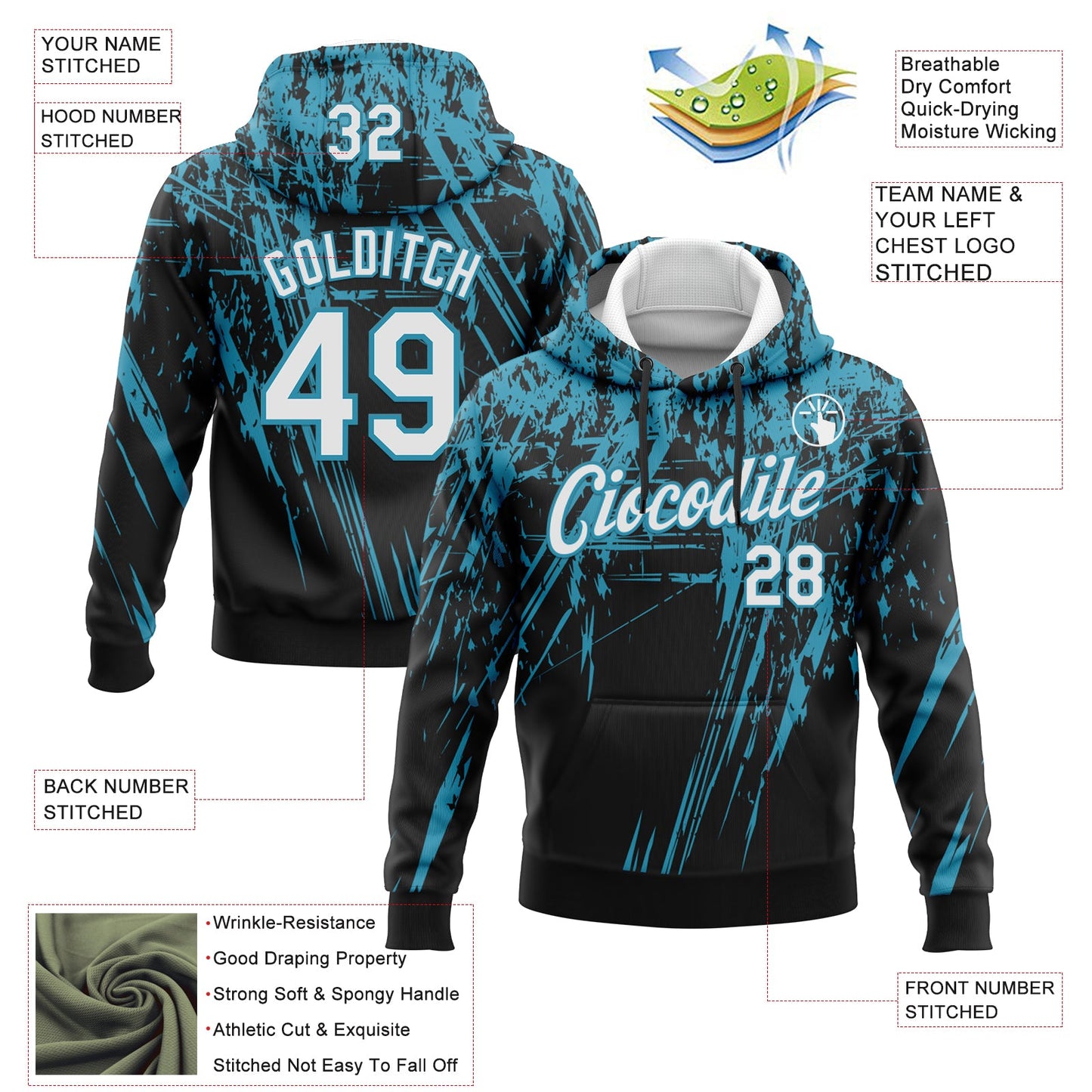 Custom Stitched Black White-Panther Blue 3D Pattern Design Splash Grunge Art Sports Pullover Sweatshirt Hoodie