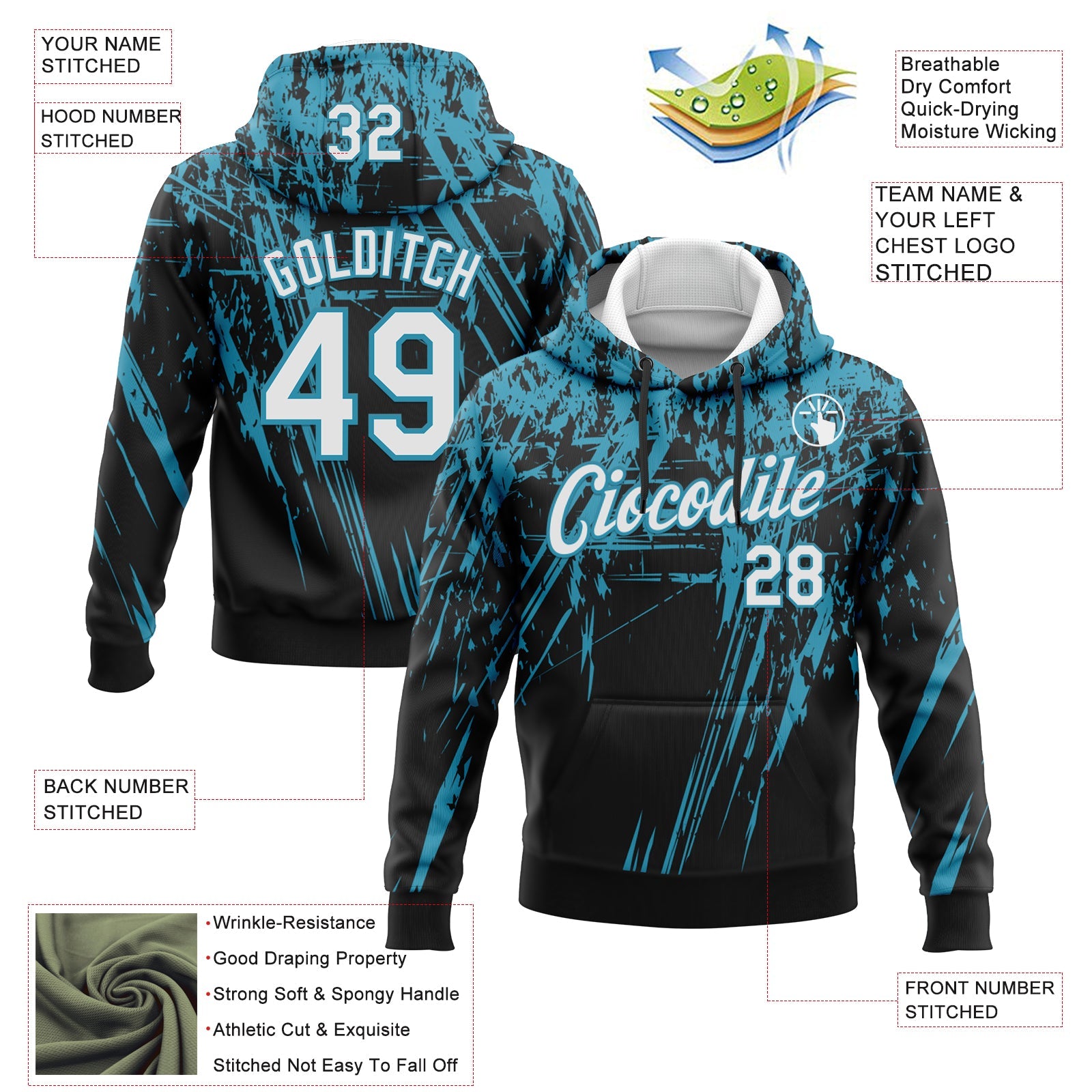 Custom Stitched Black White-Panther Blue 3D Pattern Design Splash Grunge Art Sports Pullover Sweatshirt Hoodie