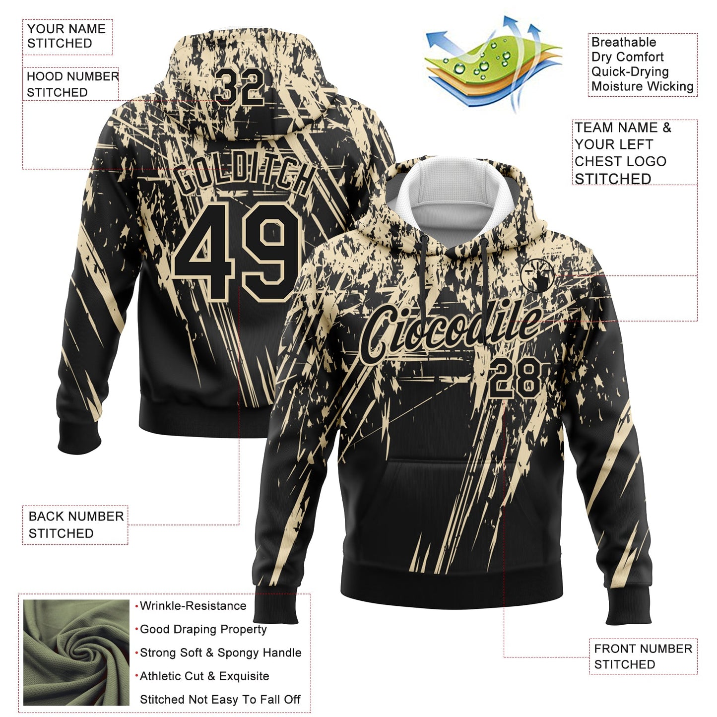 Custom Stitched Black Cream 3D Pattern Design Splash Grunge Art Sports Pullover Sweatshirt Hoodie