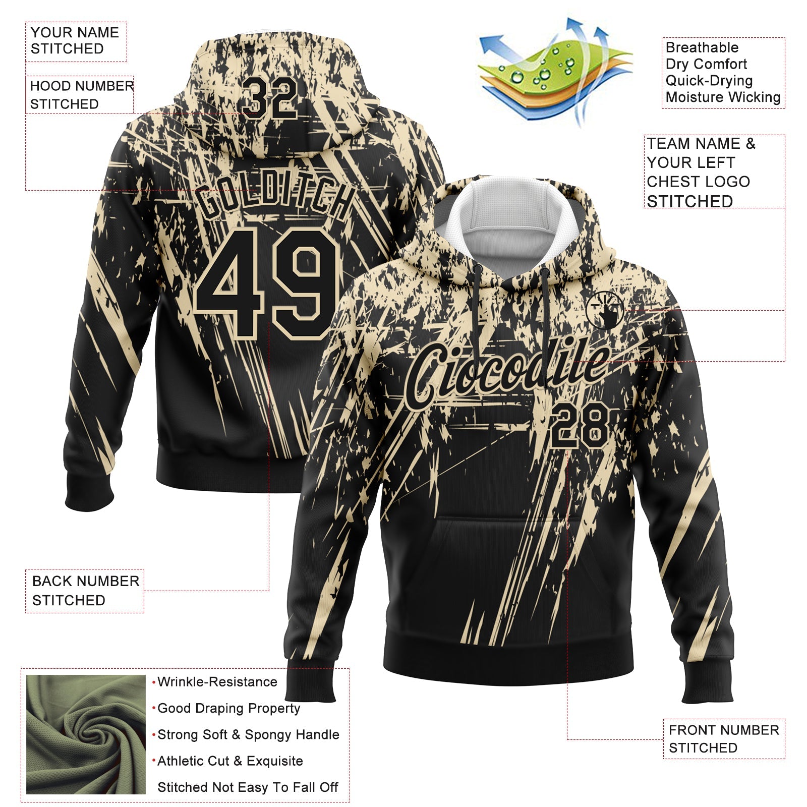 Custom Stitched Black Cream 3D Pattern Design Splash Grunge Art Sports Pullover Sweatshirt Hoodie