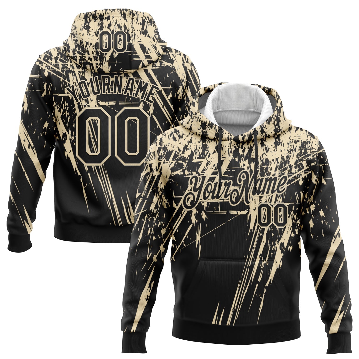 Custom Stitched Black Cream 3D Pattern Design Splash Grunge Art Sports Pullover Sweatshirt Hoodie