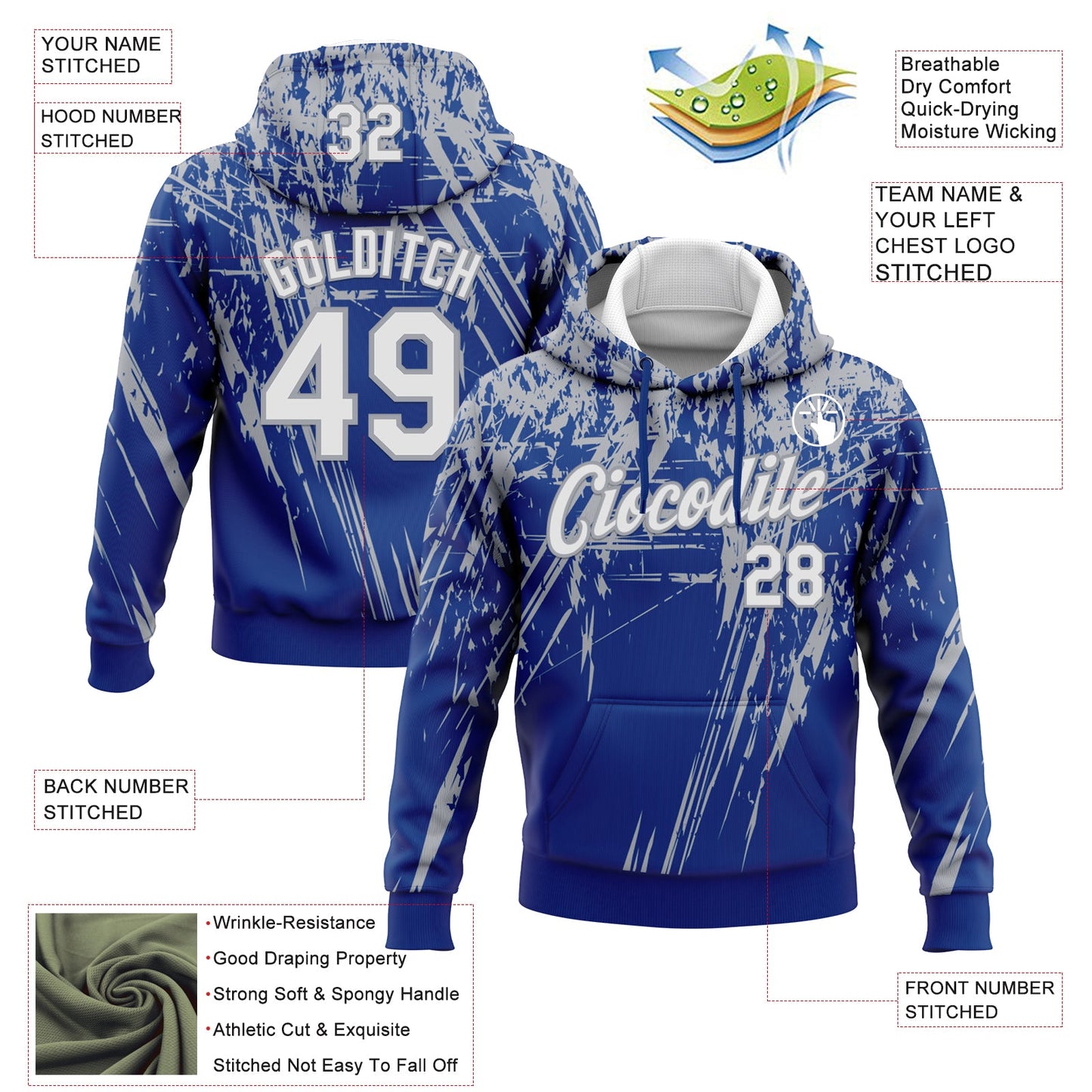 Custom Stitched Royal White-Gray 3D Pattern Design Splash Grunge Art Sports Pullover Sweatshirt Hoodie