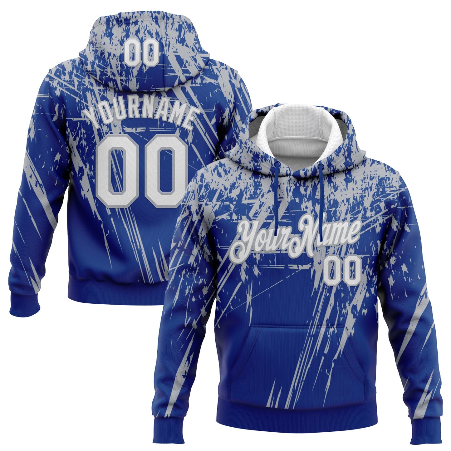Custom Stitched Royal White-Gray 3D Pattern Design Splash Grunge Art Sports Pullover Sweatshirt Hoodie