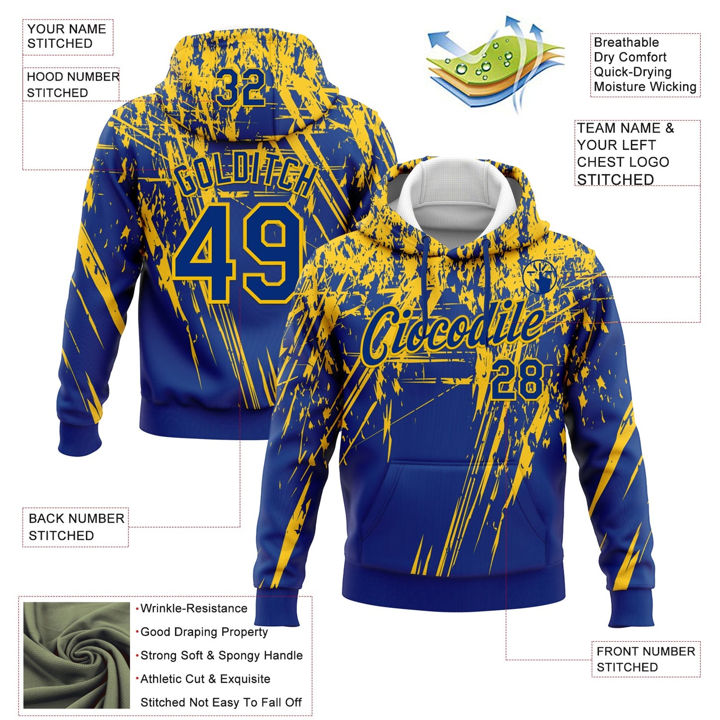 Custom Stitched Royal Yellow 3D Pattern Design Splash Grunge Art Sports Pullover Sweatshirt Hoodie