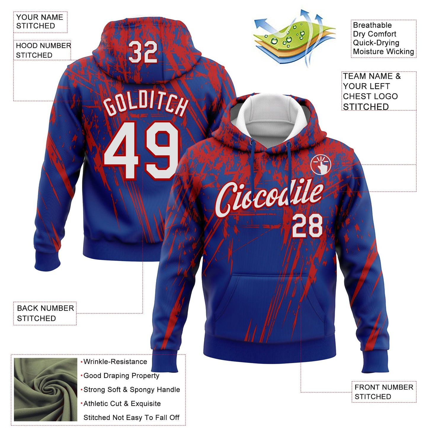 Custom Stitched Royal White-Red 3D Pattern Design Splash Grunge Art Sports Pullover Sweatshirt Hoodie