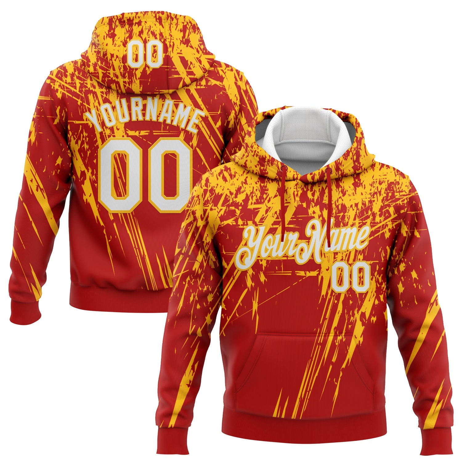 Custom Stitched Red White-Gold 3D Pattern Design Splash Grunge Art Sports Pullover Sweatshirt Hoodie