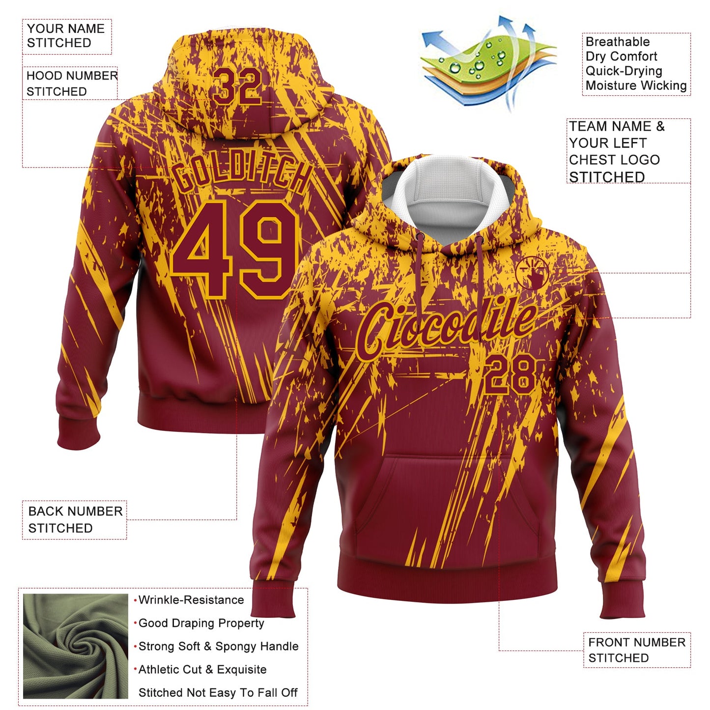 Custom Stitched Crimson Gold 3D Pattern Design Splash Grunge Art Sports Pullover Sweatshirt Hoodie