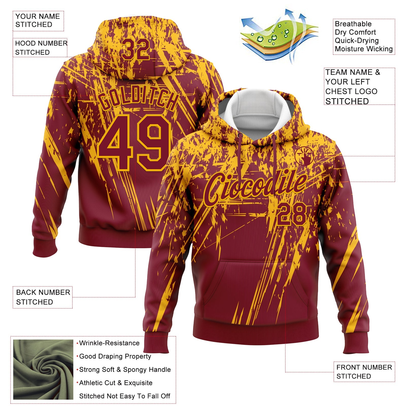 Custom Stitched Crimson Gold 3D Pattern Design Splash Grunge Art Sports Pullover Sweatshirt Hoodie