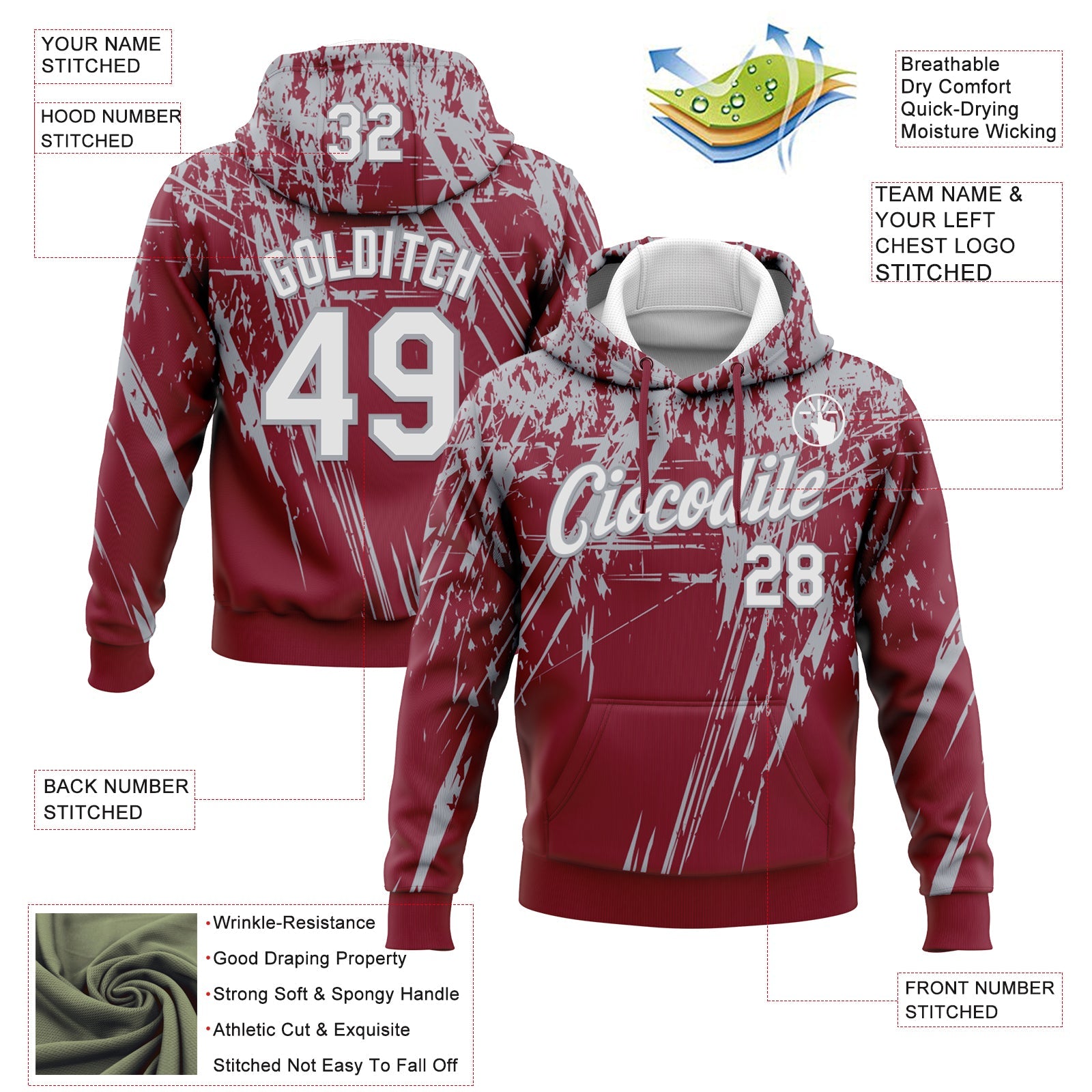 Custom Stitched Crimson White-Gray 3D Pattern Design Splash Grunge Art Sports Pullover Sweatshirt Hoodie