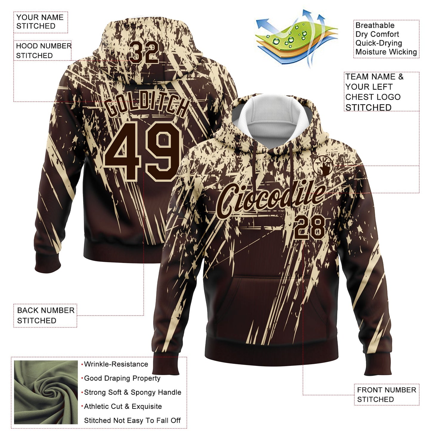 Custom Stitched Brown Cream 3D Pattern Design Splash Grunge Art Sports Pullover Sweatshirt Hoodie